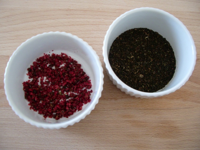 Ground pink peppercorns and Darjeeling tea